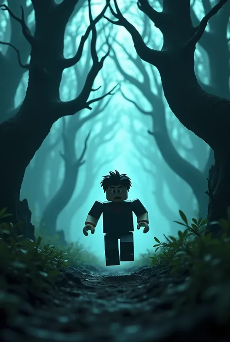 A frightened roblox player escapes in a scary forest