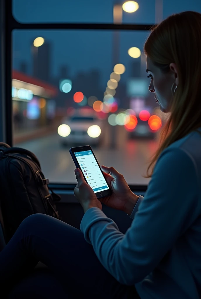 The model is making online hotel reservation in night from bus with some hotel details in phone