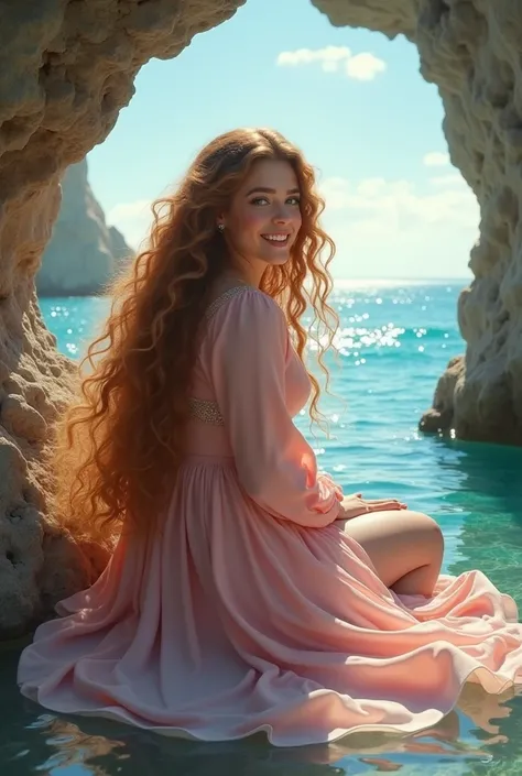 Ethereal personification of Hope and Love, kind smile, beautiful curvy goddess of purity with very long and curly amber hair with bright teal eyes sitting in a sunken grotto wearing a flowy long sleeve blush pink dress, sunken grotto cave in the north lead...