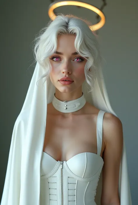 virgin mary, bdsm, leather,  white hair , white veil ,  white leather pants, Sosten de leather blanco  , halo, dog collar,  pink eyes , sensual, youthful, rostro de la virgen maria, cabello rizado, 