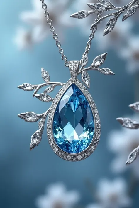 Silver pendant with diamonds , Silver necklace with a large blue diamond stone in the middle and small shiny rhinestones on the branches
