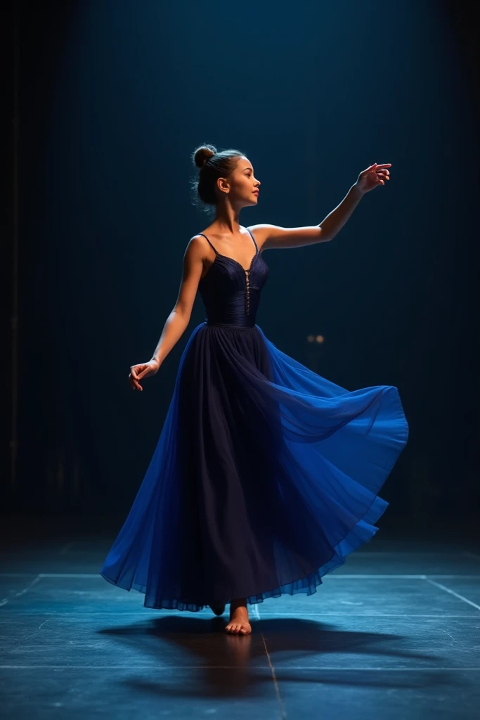 -the girl is getting ready to rehese ,  with her dark blue dress and the right accessories to highlight her appearance.  She moves gracefully and confidently on stage ,  executing every step of her choreography with precision- 