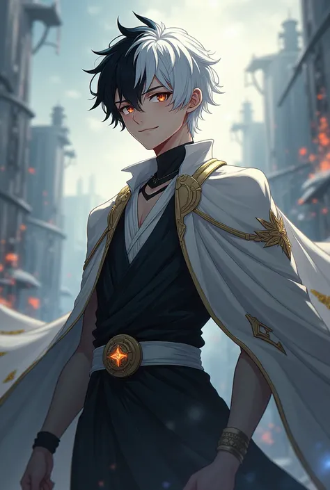  a young man ,  bicolor black and white hair,  Gods clothing , smile,   pupils in the shape of a symbol,  full body, a color ,  short hair, Decent a world in chaos 