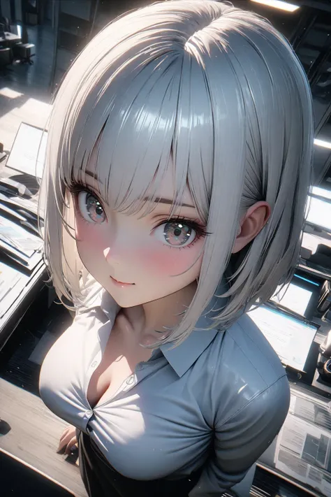 (8K, best quality:1.3), unreal engine, soft lighting, A gaze that captivates the viewer, from above, upper body, looking down, cute face, glowy skin, (very short silver-white hair), detailed hair, straight bob hair, beautiful breasts, business suit, dress ...