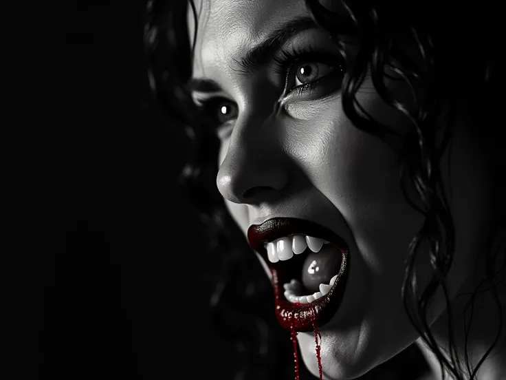 A close-up of a vampiresss face, blood dripping from her fangs as she glares at her enemies. The monochrome image highlights the intense emotions and predatory nature of the character. A haunting yet thrilling black-and-white film noir style with red accen...