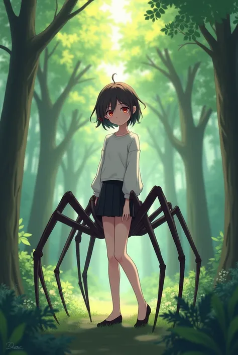  An anime girl who is a spider with red eyes and and instead of normal people having legs, Does she have 6 spider legs .  She is wearing a white sweater and a black short skirt . She is also standing in the forest .