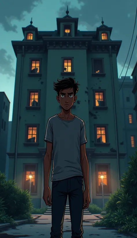 Sohail stands in front of an old hotel in a dark city street. The hotel is dilapidated with broken windows and overgrown bushes around it. The scene is filled with shadows, and Sohail has a slight expression of anxiety on his face.
All cartoon type image 