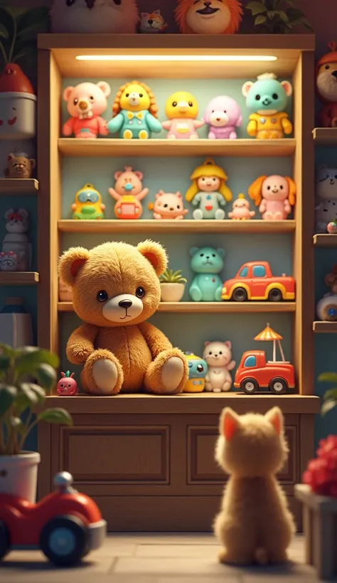 Heres the prompt for the  Inside the shop, a cute little teddy bear sits prominently on a shelf, surrounded by a variety of colorful toys. The teddy bear is soft and huggable, with a stitched smile and small, button eyes, exuding a sense of warmth and comf...