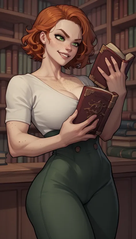 (zPDXL2), (PonyXLV6_Scores), source_anime, rating_explicit, Expressiveh, full body shot, asymmetric image, BREAK
lhata4564, woman, short wavy ginger hair, green eyes, thin eyebrows, detailed face, (freckles), pouty lips, (stupid grin), holding book, 
Sweet...