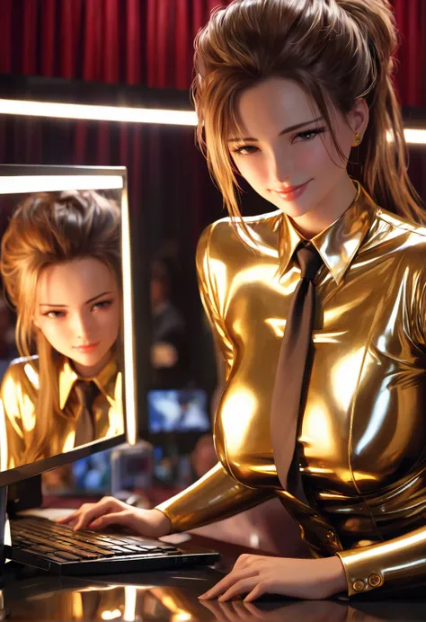 2 mothers and young daughter in extremely tight shiny golden latex blouse buttoned with skirt, high resolution ,  masterpiece, langes Haar, Lens reflection, Reflected light, seductive smile, Are on the computer, messy hair at the cinema,  brown hair , Neck...