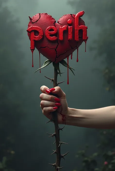  A womans hand grasping a thorny stem of a red rose,  from between his fingers there is blood dripping from the wounded grasping the stem of the rose,  is written "perih "  unique font of melting red ,  and an emblem image of a large cracked heart split in...