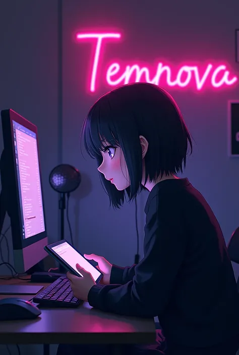  An anime girl in a black sweater with black eyes was sitting on a chair at a computer desk,  immersed in a world of virtual possibilities .  Next to it  ;She has an iPad M2 in her hands

There is a computer and a microphone on the wall ,  slowly flickerin...