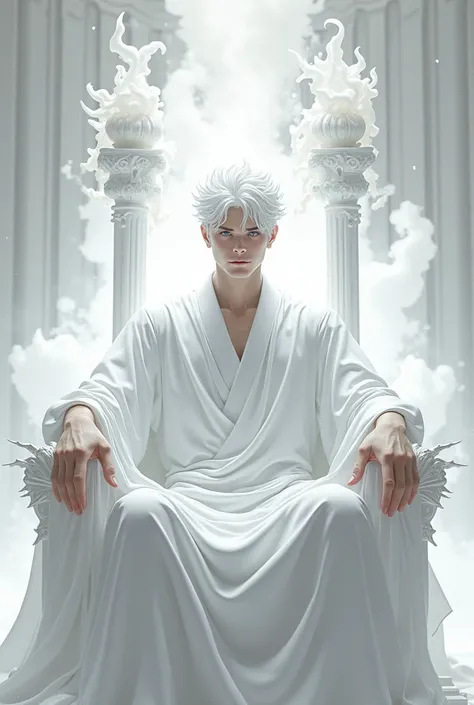  white kimono , white pupils, spiky forearms ,  white hair , white skin,  white threads around the neck, white aura, 2D style, darkened face , manga style, raised hair , male gender,  Big smile, sits on the throne,  royal throne in all white,  focus on fac...