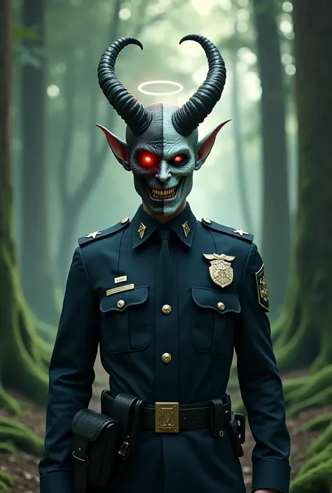 Police officer with a face half demon half angel in the forest