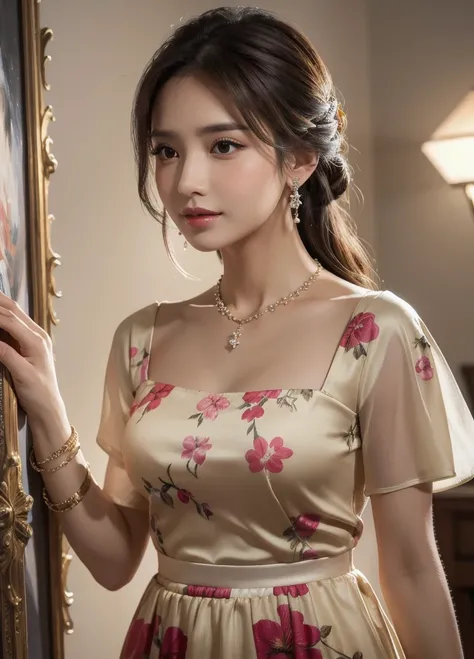 8k,  masterpieces ,  Gestures, real,. Painting a pretty girl in a floral dress.,  paired with a diamond necklace , earring, And bracelet 