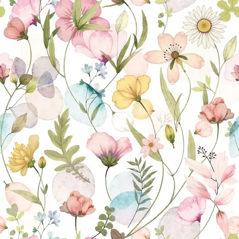 A seamless pattern of various flowers and leaves in a watercolor style.  Delicate, translucent flowers in shades of pastel pink, peach, yellow, and light blue are scattered throughout the image.  The flowers and leaves have a soft, almost transparent quali...