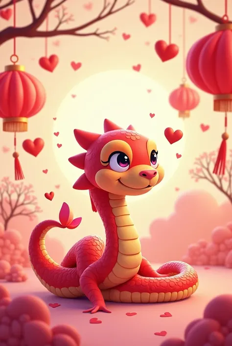 a 2D backdrop with Chinese New Year elements with cute snake, and valentines elements, clear background, no man, in modern style, in 2D vector