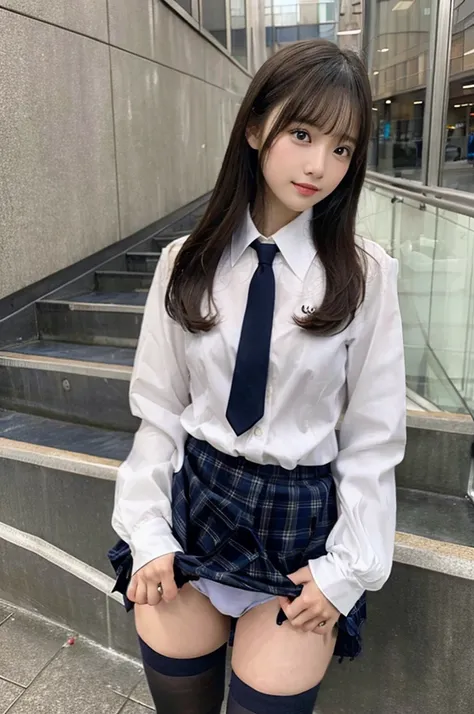  ( best quality、 Masterpiece、 high definition )、Teenage beauty、 excellent style、 school uniform、  Long Sleeve 、white collared shirt、navy blue pleated skirt skirt、 black tights、Fitting Room、 skirt flip、 lift the skirt with your hands、 shameful expression :1...