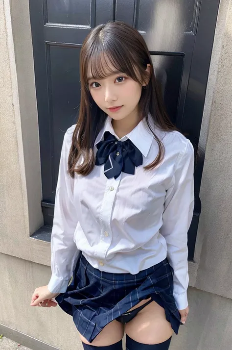  ( best quality、 Masterpiece、 high definition )、Teenage beauty、 excellent style、 school uniform、  Long Sleeve 、white collared shirt、navy blue pleated skirt skirt、 black tights、Fitting Room、 skirt flip、 lift the skirt with your hands、 shameful expression :1...