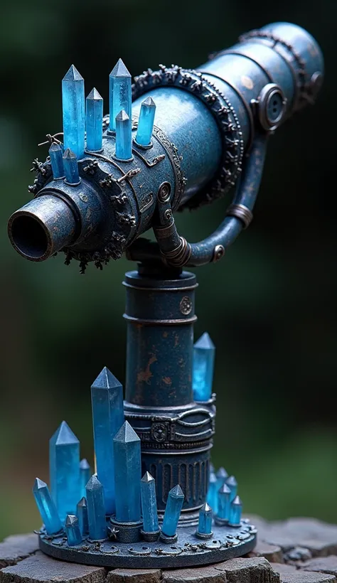  strange telescope made of metal and blue and black crystals, Part metal another technological part 