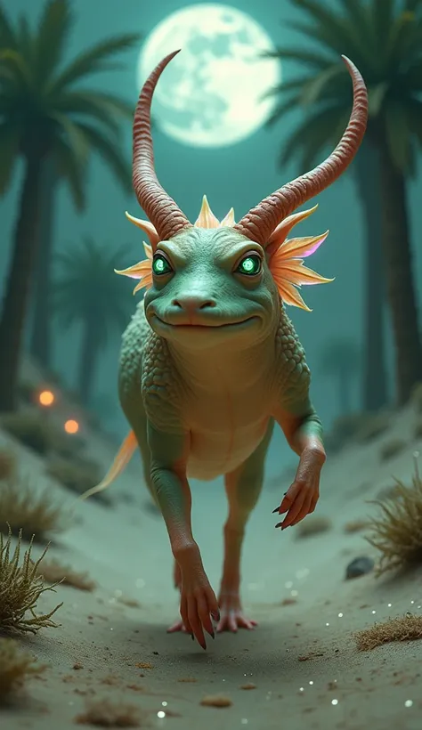 "A surreal hybrid of an axolotl and an oryx moves gracefully through a moonlit desert oasis. Its broad, muscular chest glistens with a strange mix of glowing amphibian skin and sleek, sandy fur. Long, curved horns shimmer with an iridescent light, while it...