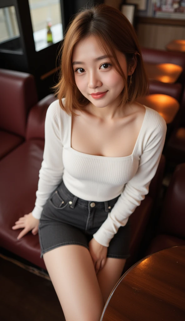 Gorgeous Thai woman is sitting on chair at nightclub. Bob curve in hair style, golden color. Innocent, youthful facial features. natural makeup with coral lipstick. Wearing white square neck shirt, a black jean skirt, (large ass:1.3), large full breasts, s...