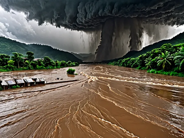 The beginning of the flood
The scene begins with a torrent of water gushing from the sky, forming instantaneous rivers that run down the hills and flood the dams. The sky is completely covered by black, revolting clouds, with lightning streaking across the...