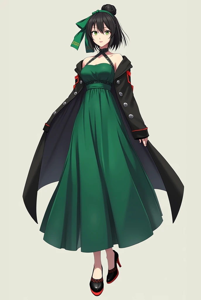 Create an image of Tsuyu Asui , in a long green tied dress with black details , her hair is only tied halfway in a bun , in the bun she has tied an emerald green ribbon with black details , she is wearing a black high heel with a red sole and a black dress...