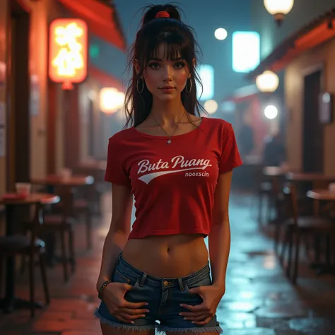 Women are looking straight at the audience.,  Glazed Tile Skin , , strong abdominal muscles , Glowing skin,  fine eyes ,  has a chest size of 36 inches , She wore a tight T-shirt in bright dark,The womens white red , With a  "Love Buta Puang" Bright colors...