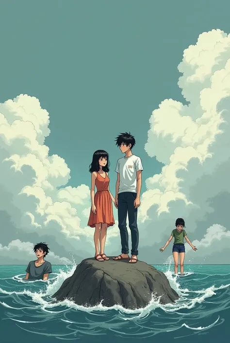 Draw a Japanese comic picture of a couple standing on a stone in the sea on a cloudy day and playing with a crying man while watching a drowning woman. Like a high school student who just started learning drawing!