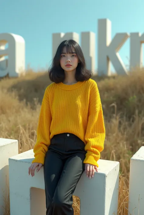 a beautiful Asian girl aged 20 wearing cool sweater yellow,black long trousser sitting on a 3d white text block that says "RINI BRISIK". background view from the hill