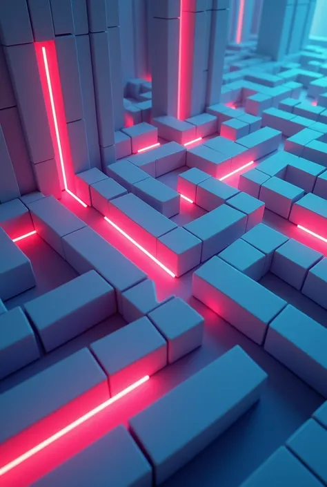 A simple 2d art , with blocky maze puzzle. Random square of glowing red , blue and green lights 