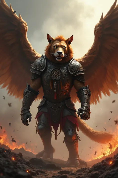 Angry griffin in war armor wearing a dreamcatcher.