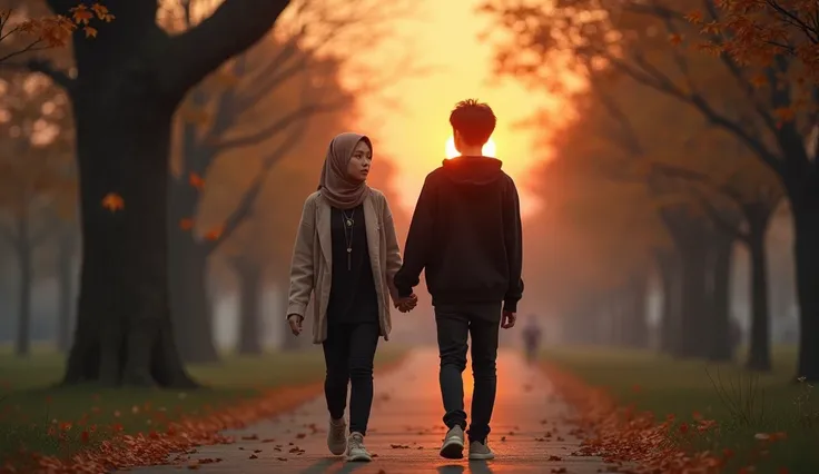 Realistic, Scene Prompt:

In a serene park at dusk, the sky glows with soft orange hues, casting a warm and bittersweet atmosphere.

Woman: A young Korean woman in a nude-colored hijab, a black shirt with OCAH printed on it, black jeans, and nude shoes. Sh...