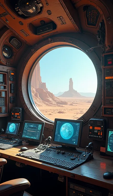 steampunk exterior of a spaceship. Through the windows you can see the landscape of an alien planet, the entire space is full of work consoles with electronic devices and screens, full-HD, Korea girl, illustration style, 8k, high detailed, detail eyes, det...