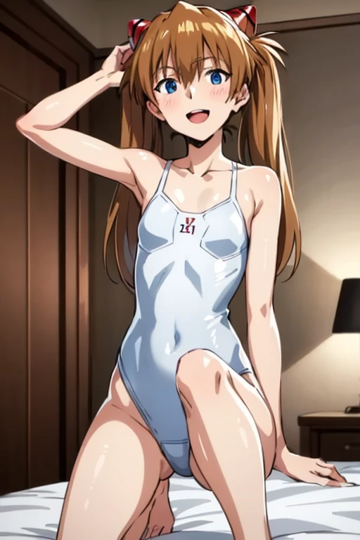 (( best quality)), ((masterpiece)), (be familiar with),  perfect face, indoor, bedroom,  viewer,
One woman,  Soryu Asuka Langley ,
 open mouth,  ecstatic expression with hands in front of body, blush, smile,
Small breasts,  flat chested, Young girl, Lori, ...