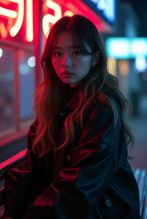 ​masterpiece、high quality、i&#39;m、beautiful model、Back lighting、beautiful hairl、A detailed eye、À beautiful korean woman chubby looking at the camera with long dark blonde hairstyle. sitting on a city bench with neon sign, cinematic. Leng Jun, Anime style m...