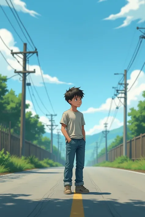 A boy is standing in the middle of the road with his hands in his pockets