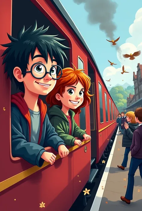 make a harry potter and the sorceres stone bookcover with harry, ron and hermione on the train in a cartoon way