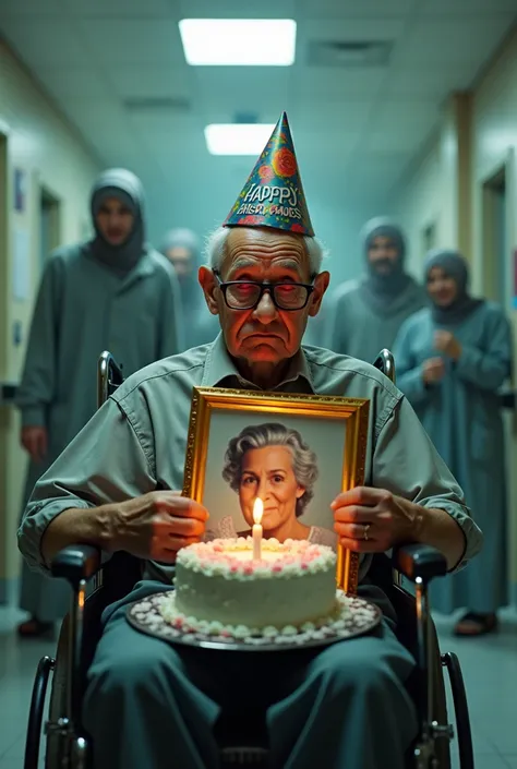  A rich and detailed grotesque and mocking , emotionally charged ultra-realistic scene featuring a 90-year-old man seated in a worn,  old wheelchair into the center of a sterile hospital room .  He wears thick-framed glasses that slightly amplify his red ,...