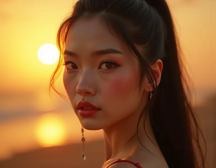 (masterpiece, ultra high res, photorealistic:1.9), centered headshot, symmetrical Southeast Asian woman (Vietnamese), glowing golden-tanned skin, almond-shaped dark brown eyes, glossy red lips, sleek high ponytail cascading back, sharp eyeliner, high cheek...