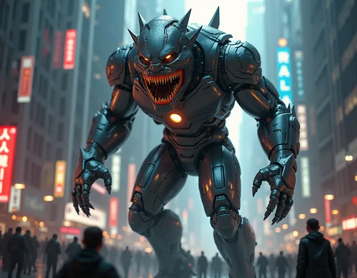 ironman with monster teeth and eye walking in city