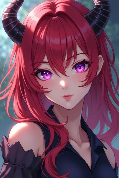 Anime style woman with red hair and purple eyes wearing long black dress, small horns and human ears 

