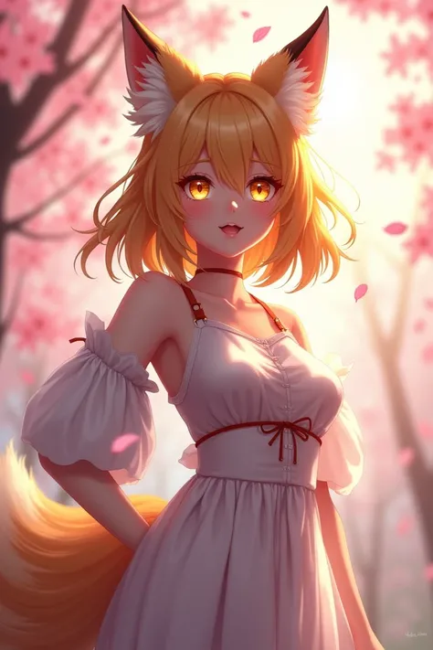 masterpiece,  Top Quality,  one person , yellow eyes,  Medium Length Hair , Step , Cherry blossoms, I, fox girl, Put the detachable sleeve , animal ears,  happy ,  arm behind your back,