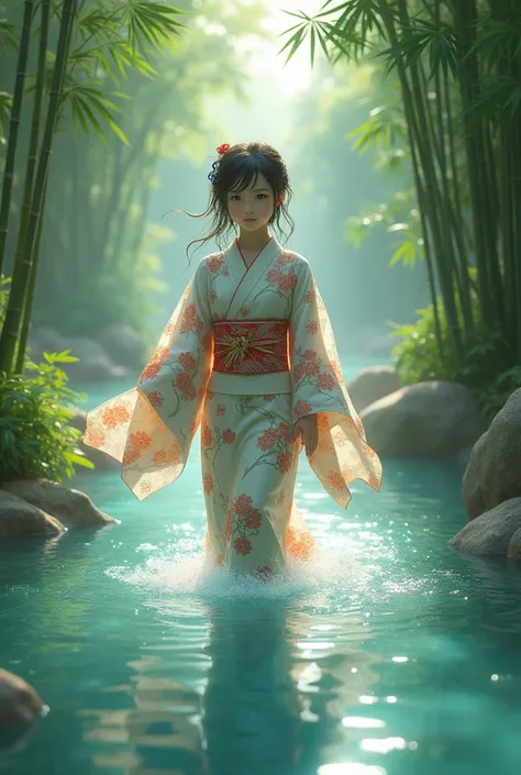 Japanese girl walking in the river