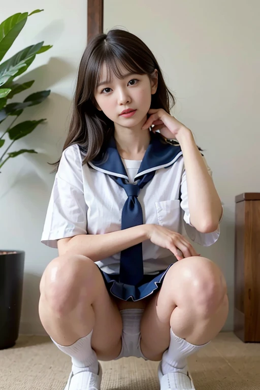  cute female idol , (Age 25:1.2), (8k,  Raw Realistic :1.2), A lovely idol,  Amazing Shii Smile , (brown_hair), Thin legs 、masterpiece, Best Quality, super  Detailsed,  one girl , alone, indoor, At home, bedroom, Daytime,  dress,  high socks, Nipples, puff...