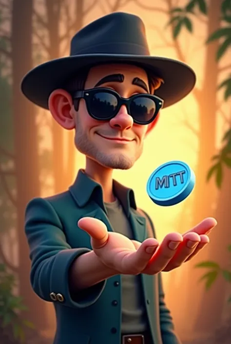 I want a picture of a man wearing sunglasses. , Wear a black hat, Extending the right hand , , there is a coin floating slightly higher from the hand . The blue coin says MTT. The background has a gold filter... Ask for a cartoon