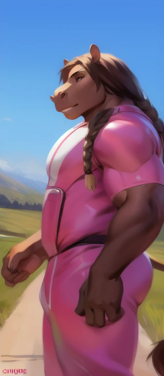   alone  , female ,  standing on the side of the road  , hippo,   pink Military Spacesuit, Heavy load  ,   muscle bound , ,Beautiful long hair braided by chunie