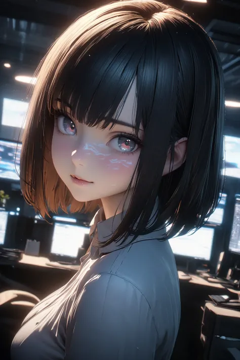 (8K, best quality:1.3), unreal engine, soft lighting, A gaze that captivates the viewer, dynamic angle, face focus, looking side, cute face, glowy skin, detailed hair, straight bob hair, beautiful breasts, business suit, dress shirt, office, 