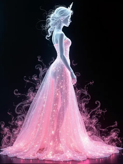 Holographic silhouette of a spectral, exquisite young woman, full figure outlined with radiant energy, abundant in detail, fantasy-infused, delicate patterns, mesmerizing, intricate lighting, macroscopic allure, lively details to culminate in an art piece,...